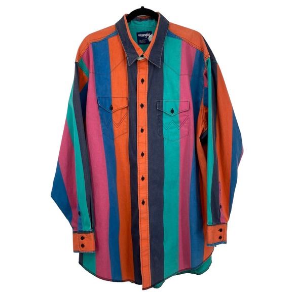 Vintage 90s Wrangler Striped Brushpopper Rodeo Western Shirt Heavy Duty 19-36 - Picture 1 of 12